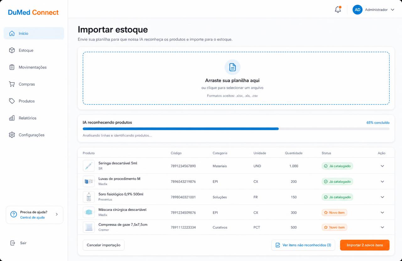 Tela de importação de estoque: planilha arrastada, IA reconhecendo produtos e itens marcados como já catalogados ou novos