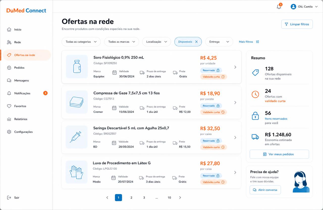 Painel de ofertas da rede DuMed Connect, com preço, marca, validade, prazo de entrega e frete