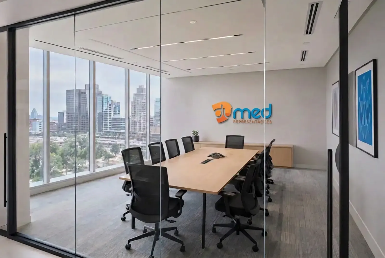 Sala de reunião do escritório da DuMed, com identidade visual da marca
